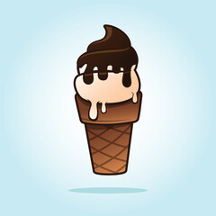 Melting chocolate ice cream in the waffle cone. food vector flat design illustration cartoon