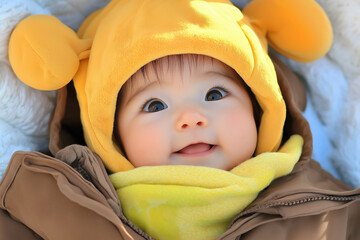 Adorable baby in a yellow hat with joyful expression