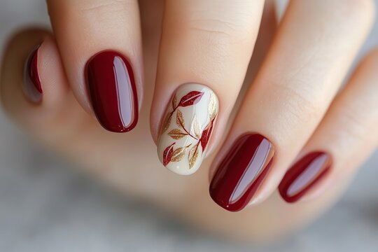 simple and elegant fall nails featuring deep red polish and an accent nail with autumn leaves design