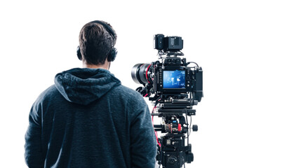 Camera operator preparing equipment for a shoot isolated on transparent background