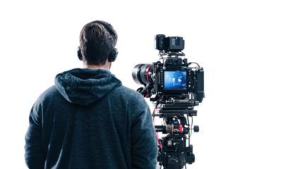 Camera operator preparing equipment for a shoot isolated on transparent background