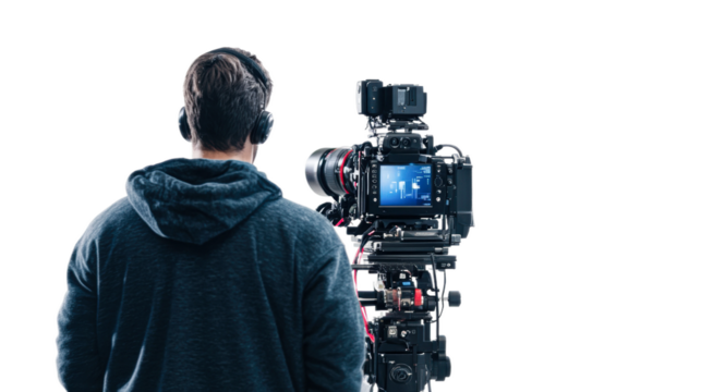 Camera operator preparing equipment for a shoot isolated on transparent background