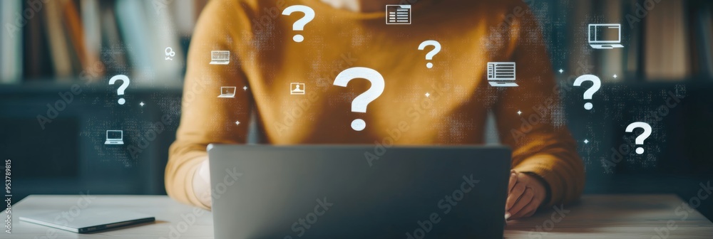 Aufkleber person in a yellow sweater working on a laptop surrounded by question marks. concept of searching fo