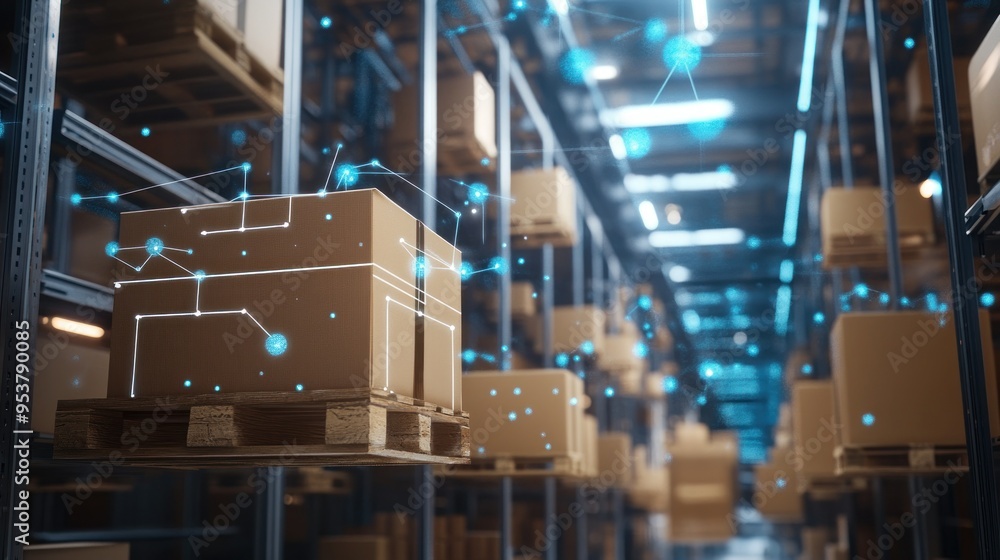 Poster a single cardboard box with a network of blue glowing points on a pallet in a warehouse