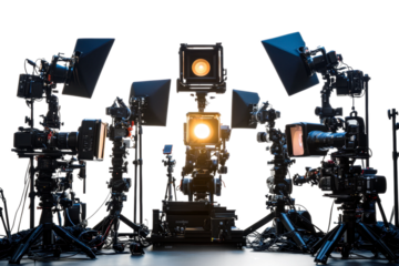 Equipment setup for a film shoot at sunset isolated on transparent background