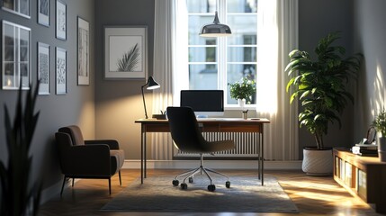 Modern Home Office with Desk, Chair, and Natural Light