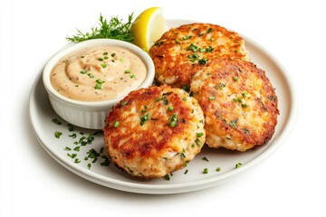 Three Fried Crab Cakes with Creamy Sauce and Lemon Wedge