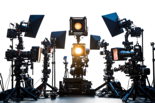 Equipment setup for a film shoot at sunset isolated on transparent background