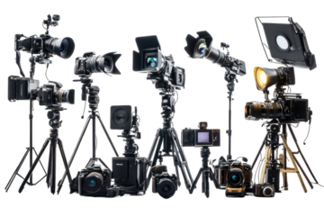 Studio displays various professional cameras isolated on transparent background