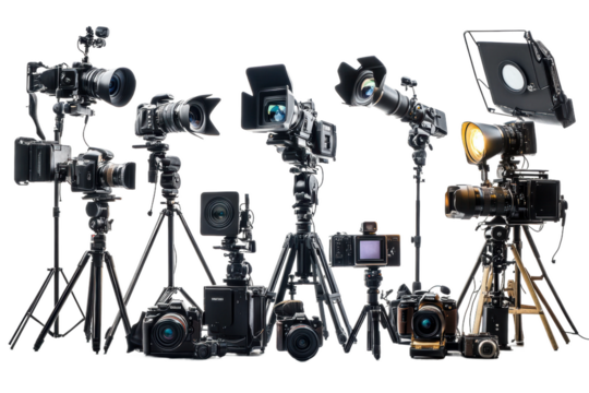 Studio displays various professional cameras isolated on transparent background