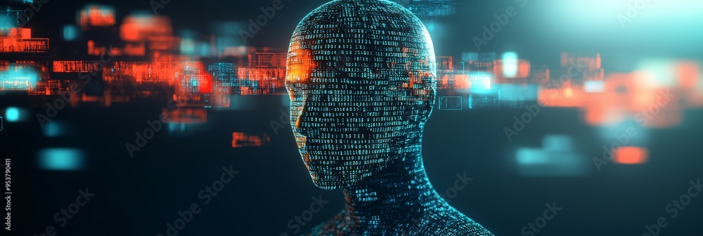 Aufkleber Side profile of digital head with binary code illustrating cyber security and information protection.