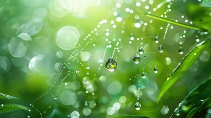 A serene close-up of dew drops on spider webs and leaves, capturing the beauty of nature in a fresh, green environment.