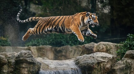 A tiger leaping across rocks in its zoo enclosure, displaying its agility and power.
