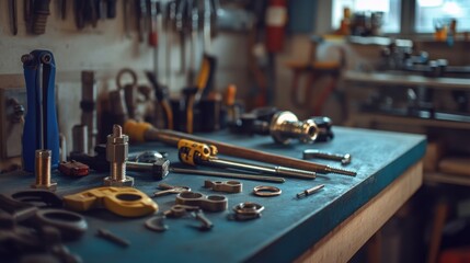 A set of plumbing tools arranged neatly on a workbench, with pipes and fittings in the background. Ideal for representing the professional plumbing industry.