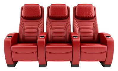 Red reclining theater seats arranged neatly isolated on transparent background