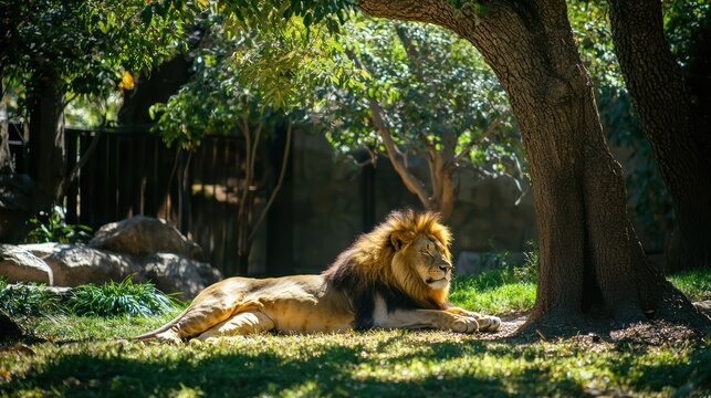A lion lounging under the shade of a tree in its zoo enclosure, resting peacefully.