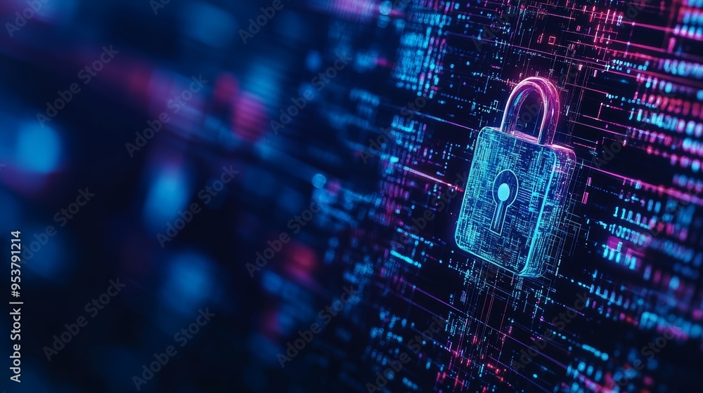 Poster glowing padlock icon on a digital background, highlighting cybersecurity and data protection concept