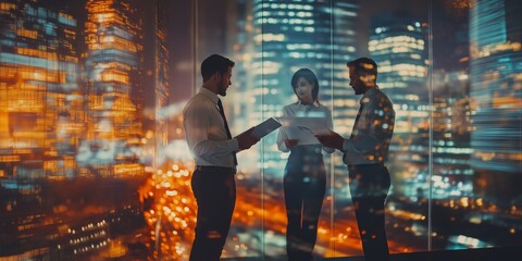 A Business Team Meeting takes place in a vibrant, modern urban setting, featuring a digital overlay that enhances collaboration. This meeting focuses on strategizing for future growth and innovation