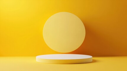 A minimalistic 3D round podium on a bold yellow background, designed for product display or branding presentations. The scene is simple yet impactful.