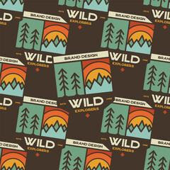 Camping seamless pattern. Travel wallpaper with forest wild badges. Stock wallpaper background