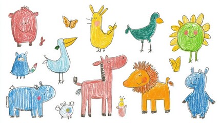 A playful and whimsical hand-drawn image of various animals, created by a 3-year-old. The colorful characters are isolated on a white background, full of charm.