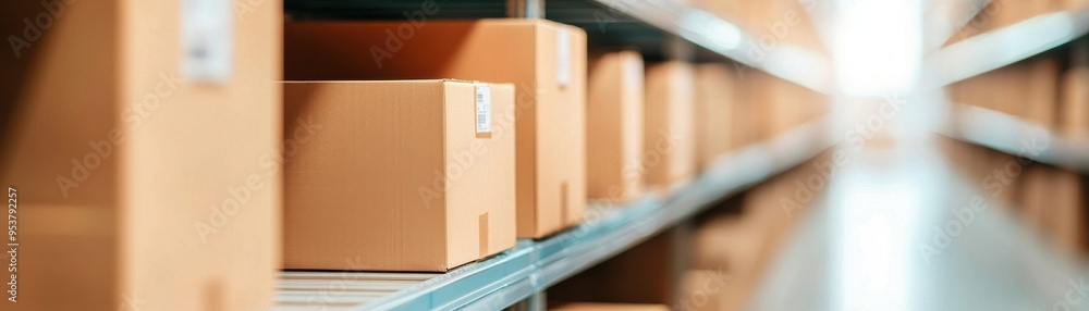 Poster a row of neatly stacked cardboard boxes on shelves in a warehouse, showcasing organized storage and 