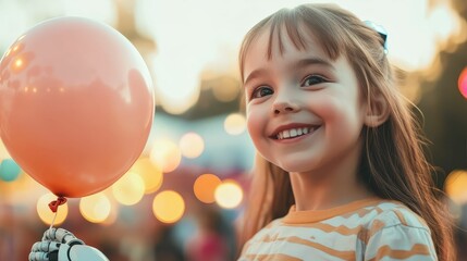 Naklejka premium Robot handing out balloons to kids at a carnival, spreading joy with tech