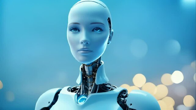 Future Technology - AI Robot Face Close-Up with Blue Background and Glowing Lights