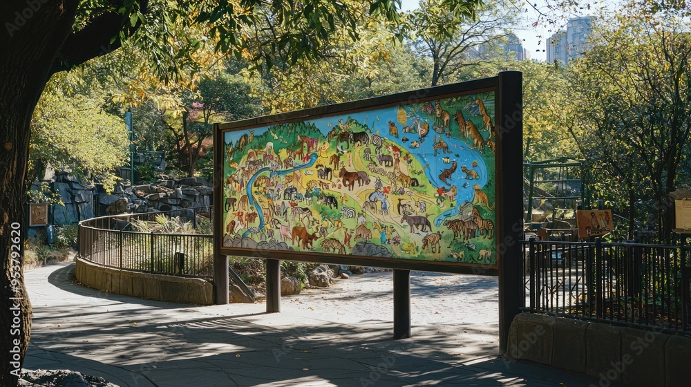 Poster a colorful zoo map displayed on a signboard at the entrance.