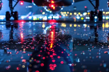 Illuminated Night Scene: Cargo Plane Taxiing on Rain-Streaked Tarmac