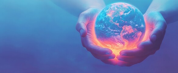 Inspiring Banner of Hands Cradling Earth with Glowing Ozone Layer and Deep Blue to Soft Lavender Gradient