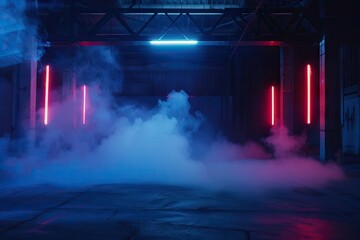 Naklejka premium Dark studio room with neon lights and futuristic technology.