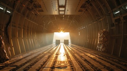 Cargo Ready for Transport: Sunlit Cargo Plane Bay with Rows of packages, Ready for Takeoff