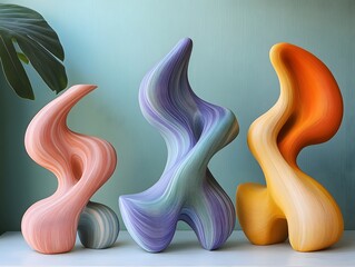 Abstract Ceramic Sculptures on Shelf with Green Wall