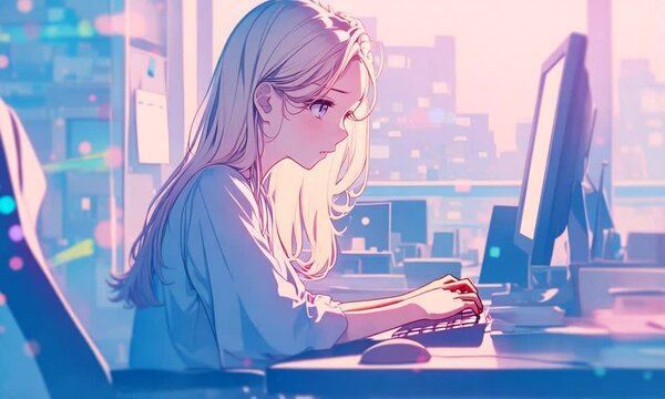 Anime-style digital art comes to life. This soothing animated GIF depicts a blonde girl intensely typing on her computer, set against a twilight cityscape. Soft colors and subtle movements express the