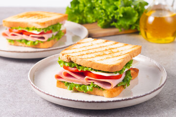 Close-up of two sandwiches with bacon, salami, prosciutto and fresh vegetables on rustic wooden cutting board. Club sandwich concept