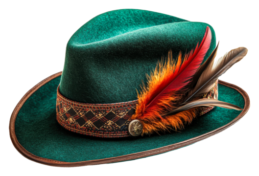 Green felt hat with colorful feathers isolated on transparent background