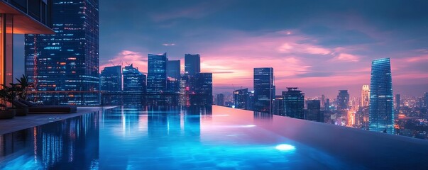 A stunning infinity pool with skyline views at sunset, showcasing vibrant colors and modern architecture.