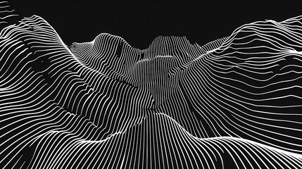 Abstract Mountain Landscape in Black and White with Luminescent Contours, Exotic Peaks at Night