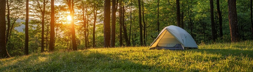 Fototapeta premium A serene camping scene featuring a tent amidst lush trees, bathed in warm sunlight, perfect for nature lovers and adventurers.