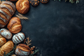 Obraz premium Baked goods, including bread and loaves, on a dark background with space for your text or design. 