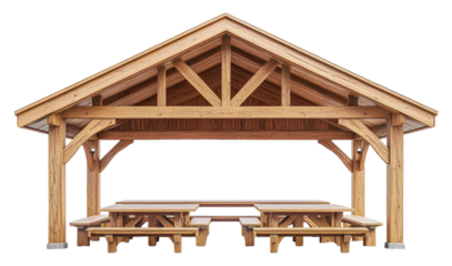 Wooden pavilion with picnic tables in a park area isolated on transparent background
