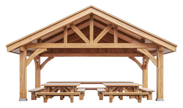 Wooden pavilion with picnic tables in a park area isolated on transparent background