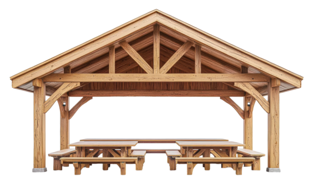 Wooden pavilion with picnic tables in a park area isolated on transparent background