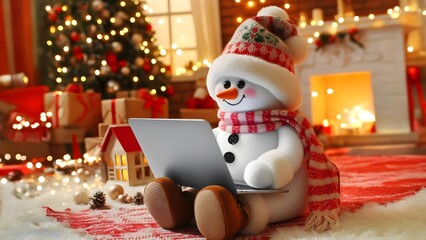 Snowman Working on Laptop by the Christmas Tree