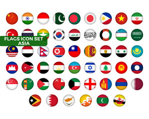 Asian Flag Icons Set. Asia Countries Circled Flags - China, Japan, India and other. Stock Graphics Element. 51 symbols