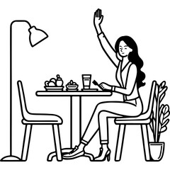 Woman Raising Hand at Table.