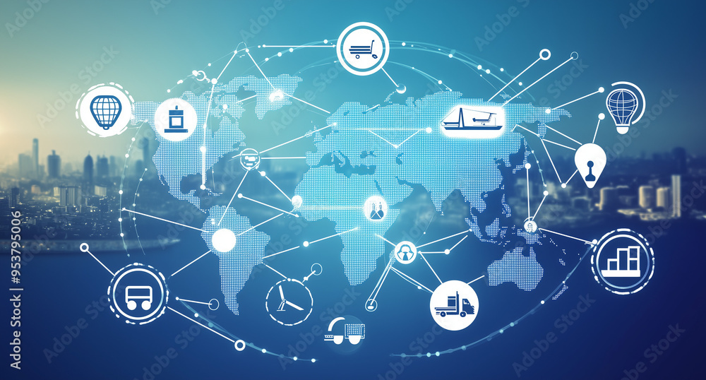 Aufkleber a blue digital background featuring a world map with interconnected bitcoin symbols, representing th