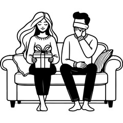 Woman Surprising Man with Gift on Sofa.