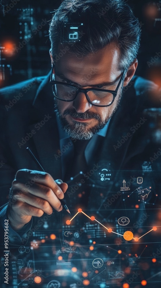 Poster focused businessman analyzing data charts with advanced technology in a futuristic office. financial